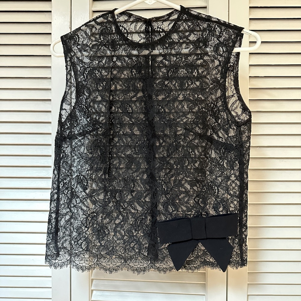 Vintage 1960s Black Lace Sheer Sleeveless Top With Bow Romantic